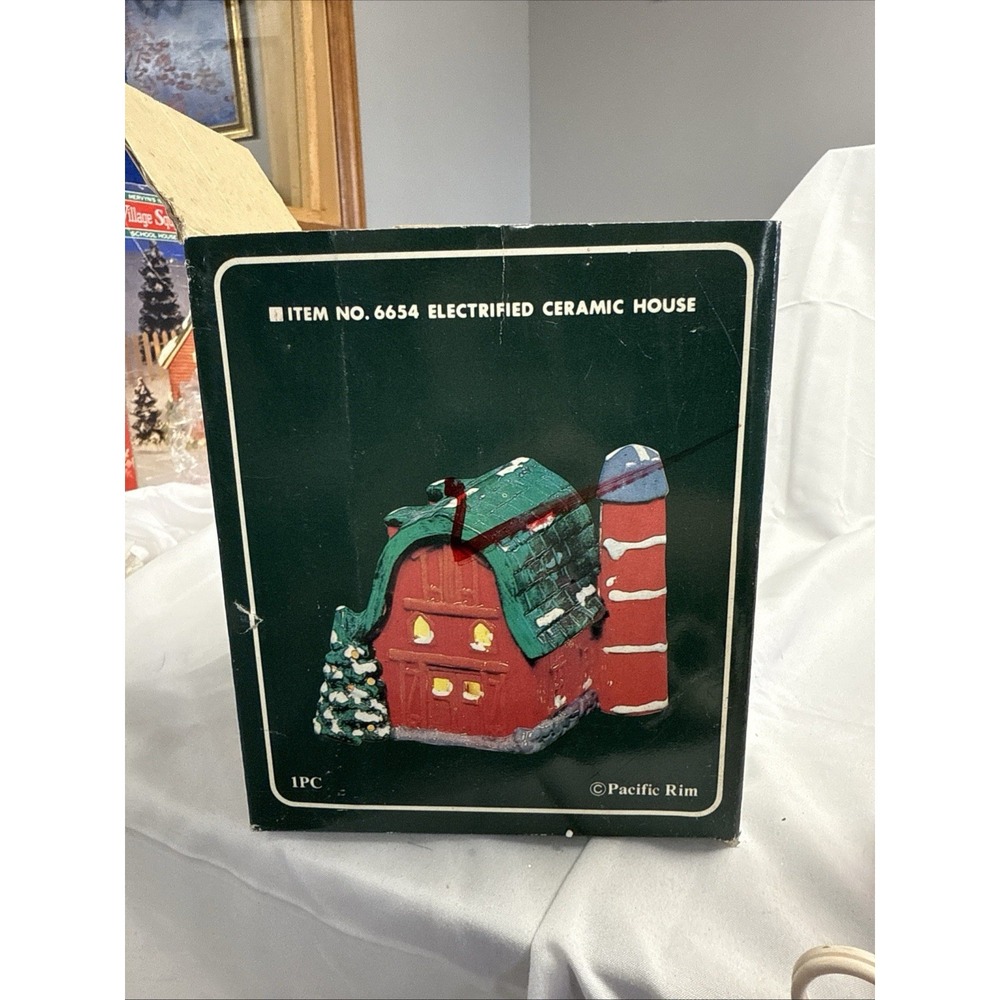 Chistmas Village Barn Ceramic Pacific Rim Lighted Red Silo Snow Vintage